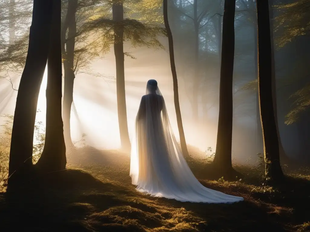 Bosque místico al atardecer con figura en túnicas blancas