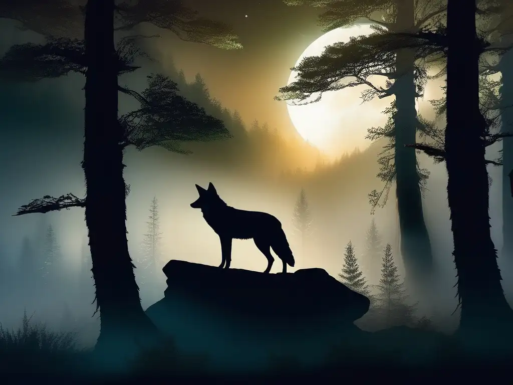 Leyendas de hombres coyote y hombres oso en un bosque místico bajo la luna: una imagen etérea y mágica