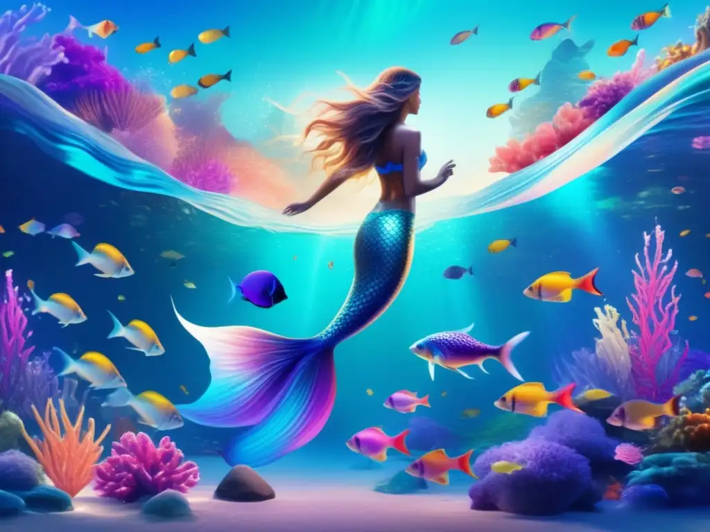 Imagen: Sirena en escena submarina con corales y peces coloridos - Mitología de las sirenas en series TV