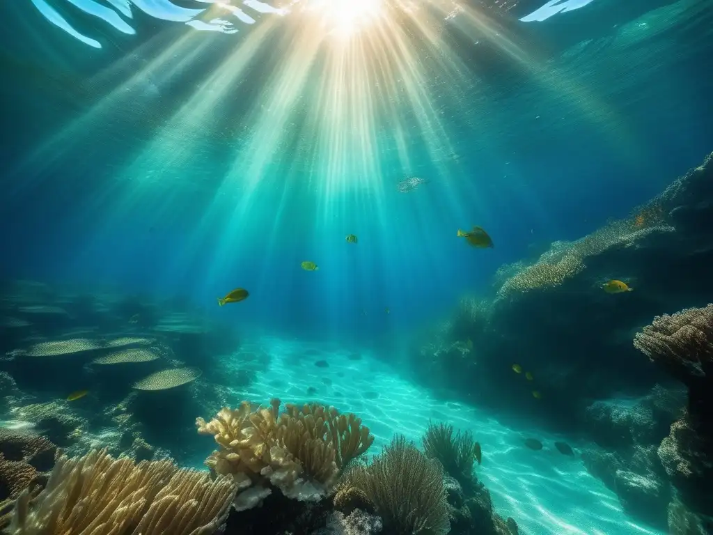 Historia de las sirenas mitológicas en un cautivador escenario submarino con aguas turquesas cristalinas, corales vibrantes y peces coloridos