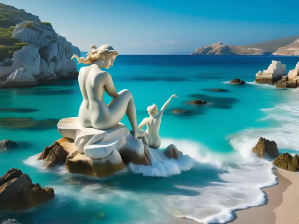 Escena mítica griega: sirenas cautivadoras, paisaje costero sereno, escultura y pintura seductora