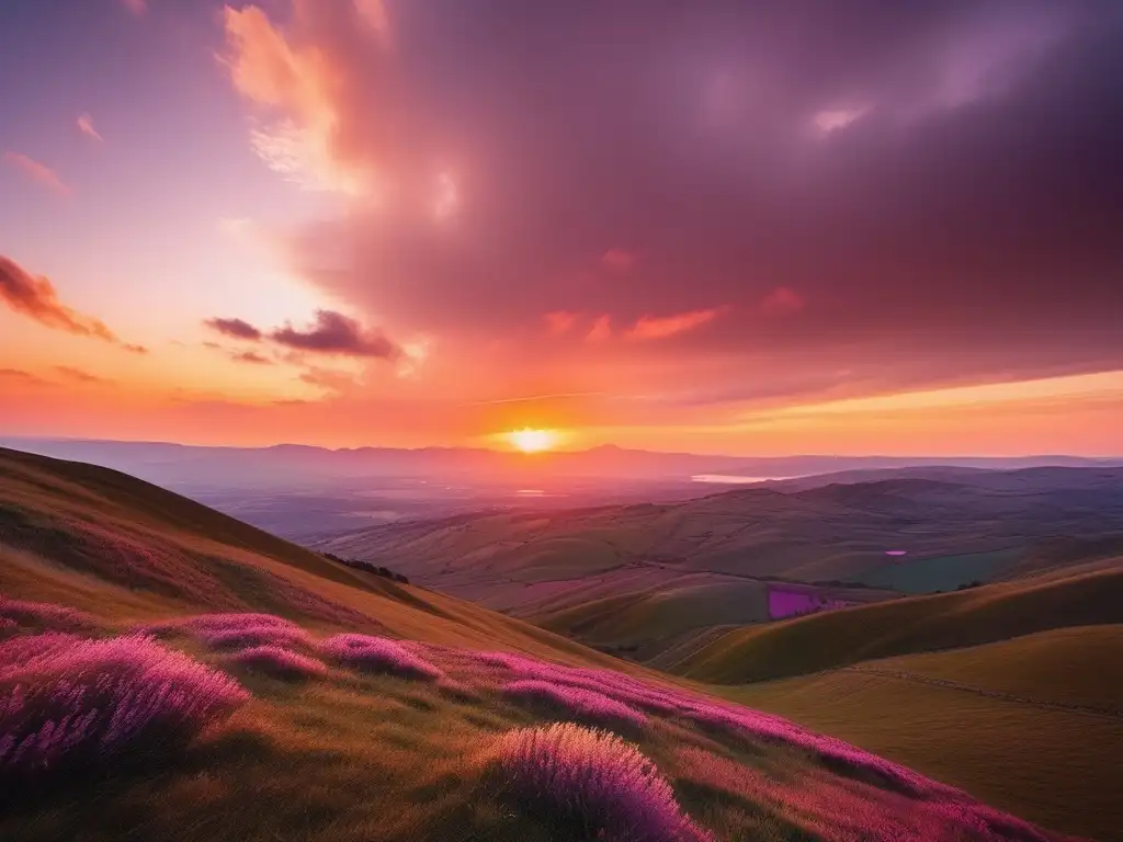 Influencia del solsticio en deidades solares: Paisaje sereno al atardecer, figura celestial iluminada por el sol, halo de luz