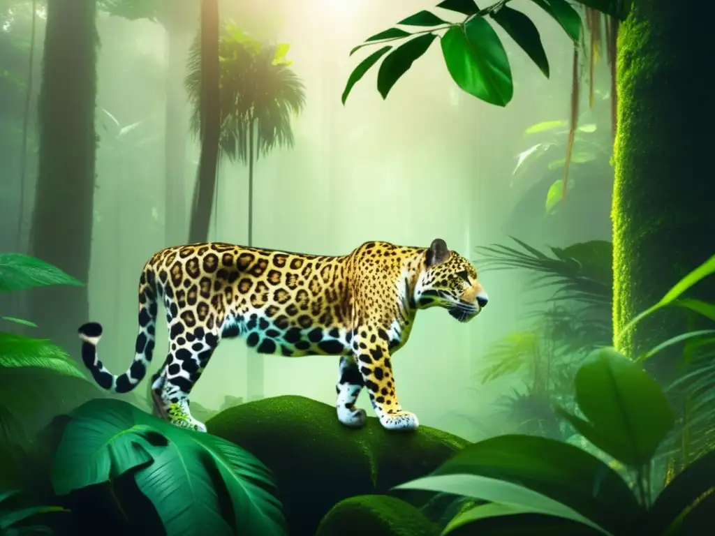 Influencia de Espíritus de la Selva en culturas americanas: Imagen mística de una exuberante selva tropical, con un jaguar y seres etéreos