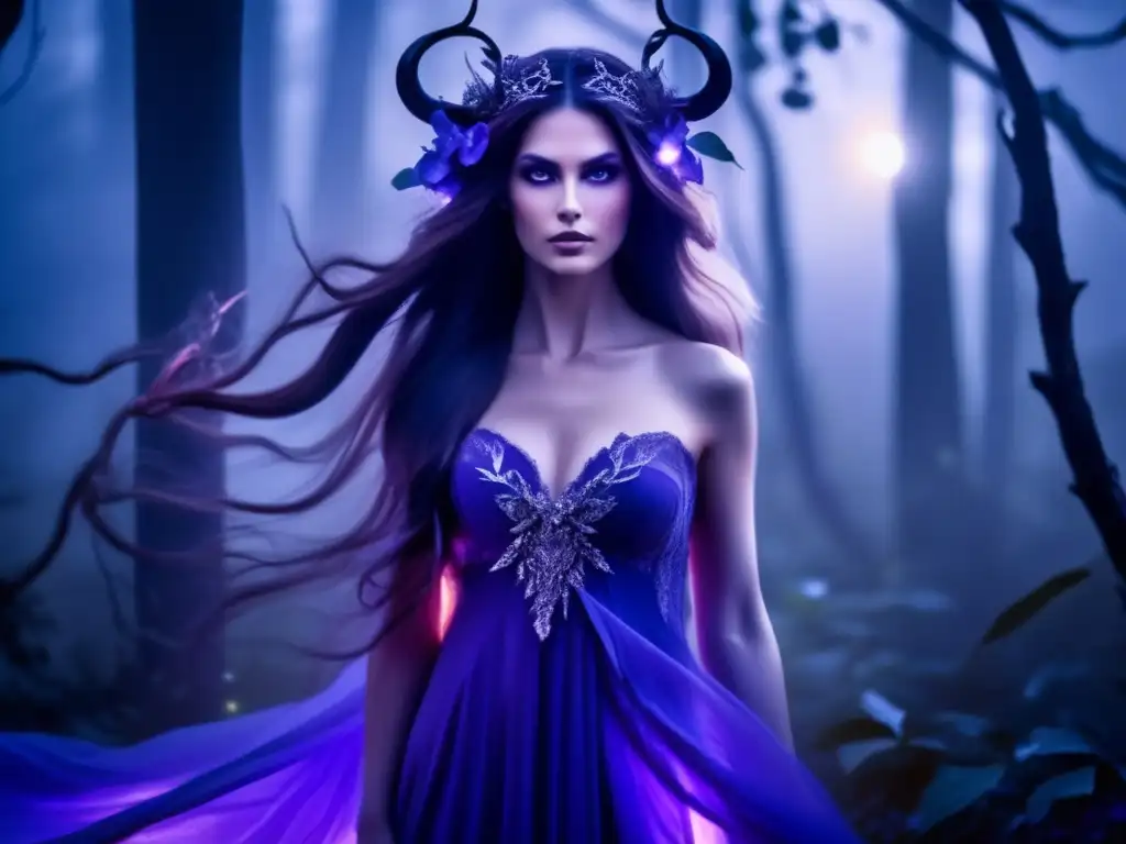 Súcubos en la cultura medieval: Hermosa succubus en un bosque nocturno con aura encantadora y misteriosa (110 caracteres)