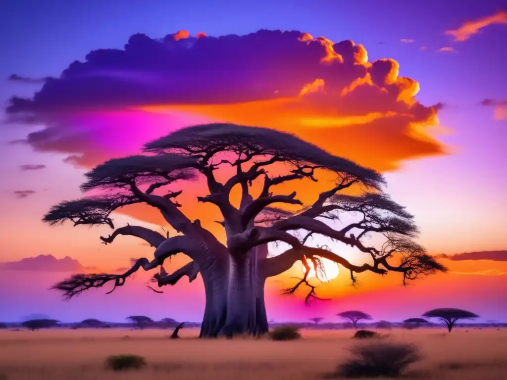 Influencia criaturas ancestrales arte africano: Baobab, máscaras talladas, paisaje místico al atardecer