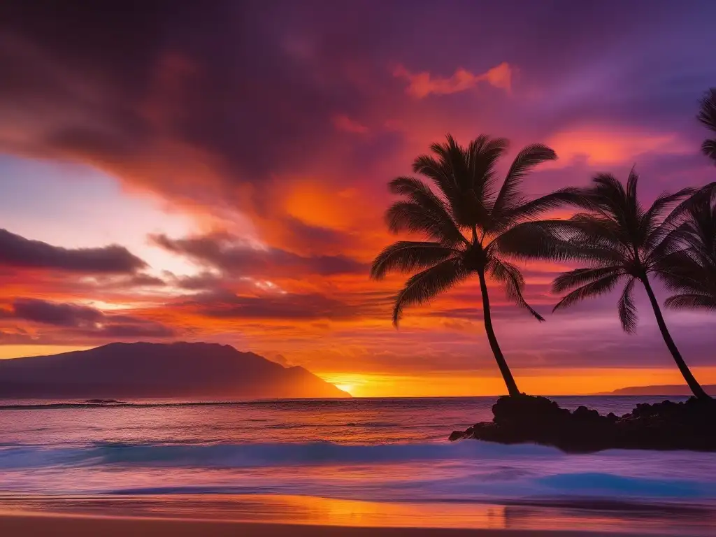 Impresionante atardecer en Hawái, reflejo dorado del sol en el océano, palmeras y nubes pintadas en el cielo