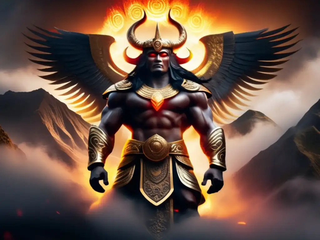 Supay, deidad andina del inframundo, en misterioso paisaje Criaturas mitológicas Andinas: El Supay en el inframundo