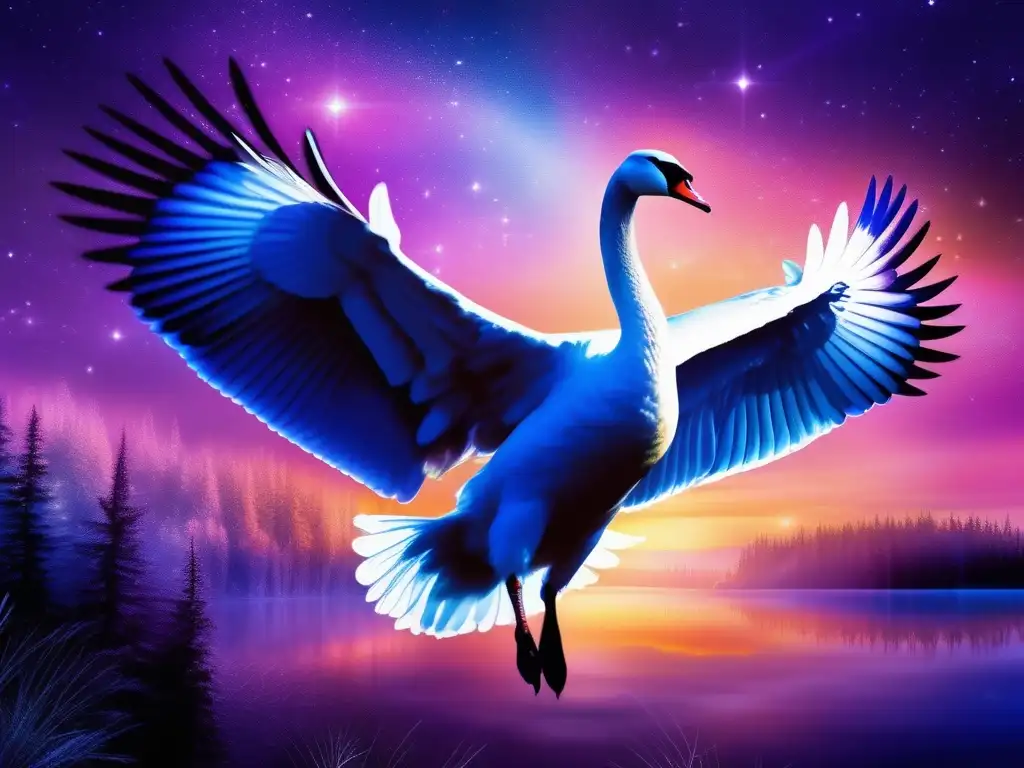 Cisne Mitología Lakota Celestial, majestuoso vuelo etéreo en un cielo vibrante de purpuras y azules, con estrellas brillantes