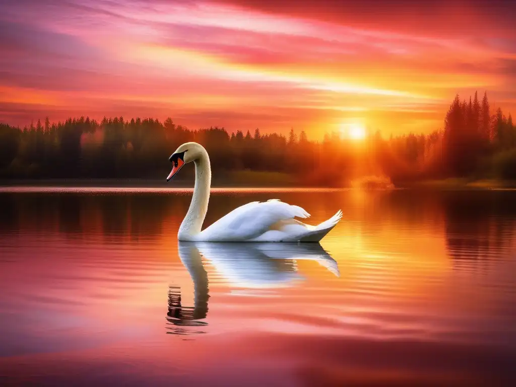 Cisne majestuoso en lago celestial con reflejo y paisaje exuberante