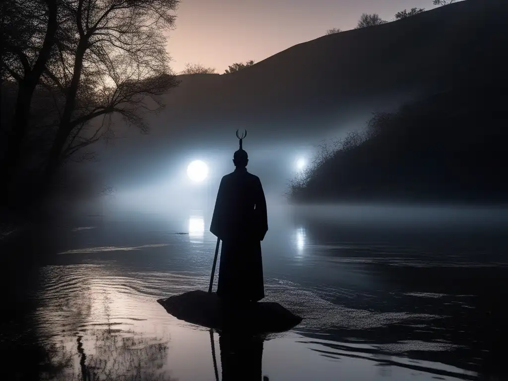Imagen de Tántalo en el inframundo, con río oscuro y celestial reflejo de plata
