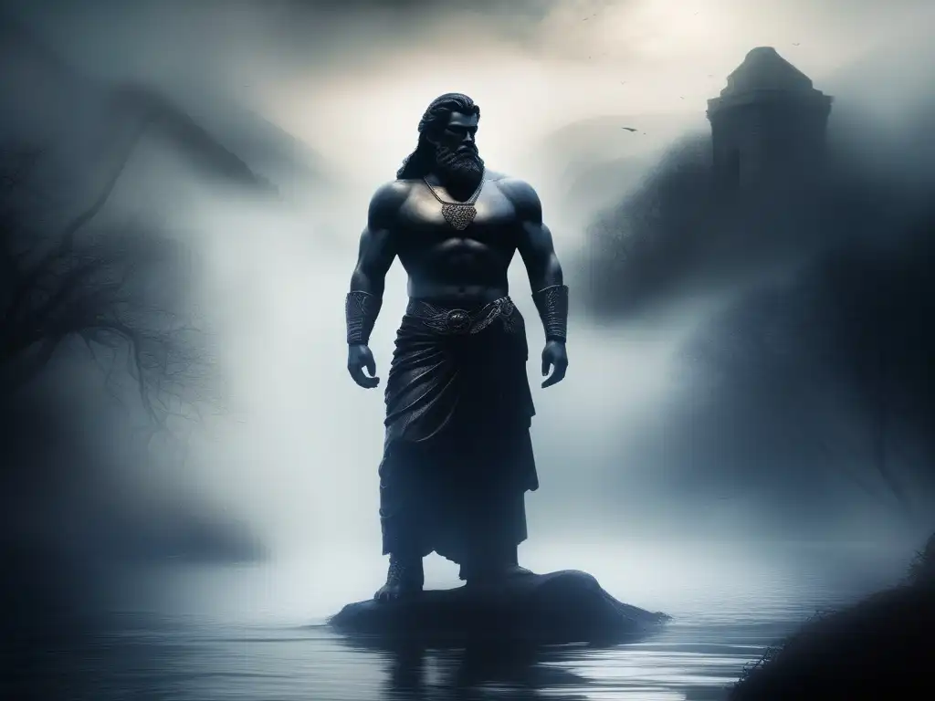 Tantalus, figura mitológica, sumergido en un río y rodeado de almas torturadas en un entorno etéreo y misterioso