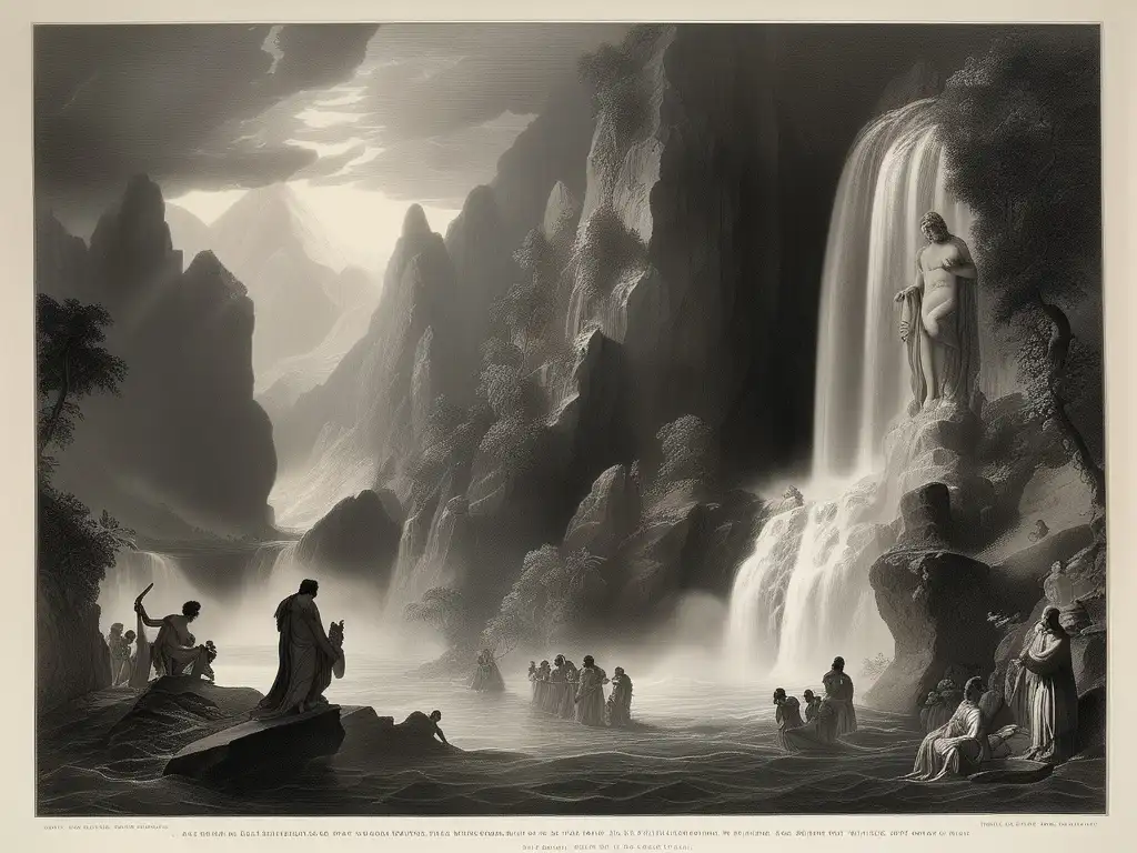 Imagen mítica de Tántalo en el inframundo, con titanes y almas condenadas - Criaturas mitológicas y leyendas