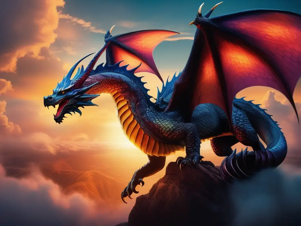 Escena etérea de un majestuoso dragón mitológico en vuelo, evocando el significado de los tatuajes de dragones