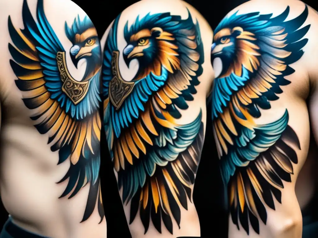 Tatuaje grifo mitológico bíceps, colores vibrantes, detalles exquisitos, majestuosidad y elegancia