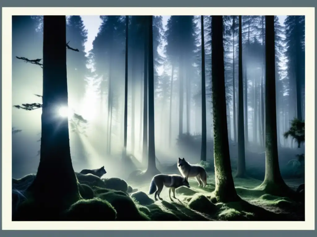 Licántropo en el bosque de luna llena Historia tatuajes licántropos hombres lobo - Imagen evocadora de un bosque iluminado por la luna, con un poderoso hombre lobo en primer plano