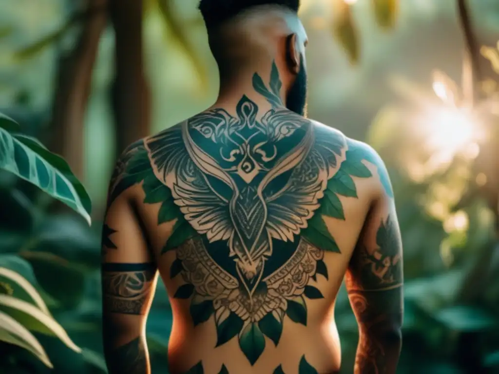 Tatuajes de leyendas mitológicas con personaje envuelto en naturaleza exuberante, colores vibrantes y atmósfera onírica