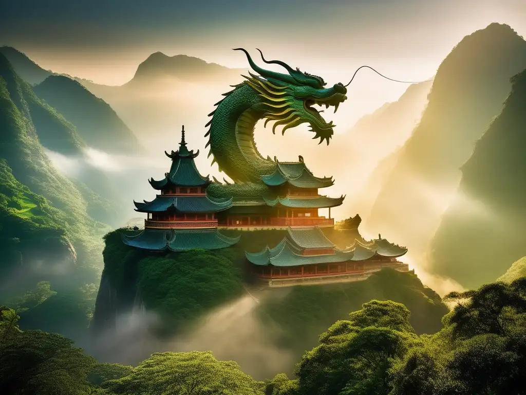 Paisaje místico con templo chino, dragón y mitología china -