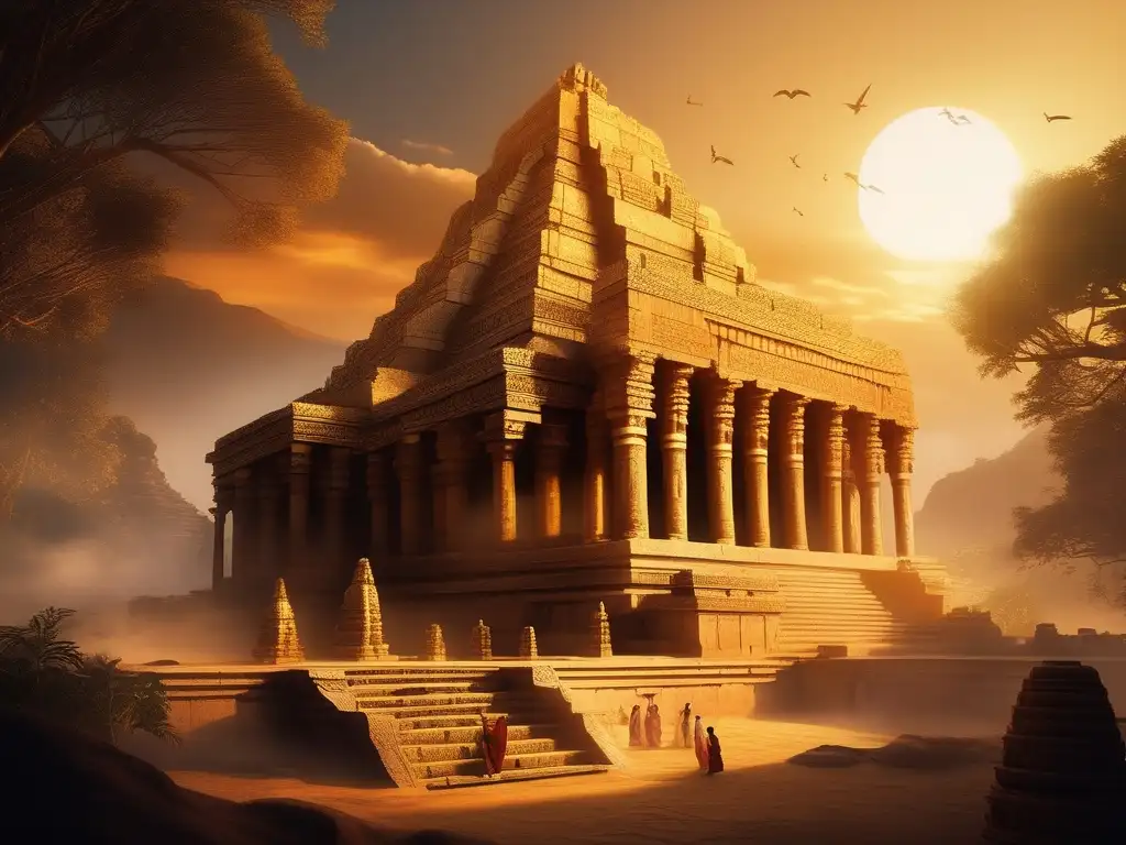 Templo majestuoso bajo el atardecer dorado Templo majestuoso al atardecer, con adoradores del Culto al Sol Invicto en Roma, bajo un cielo divino