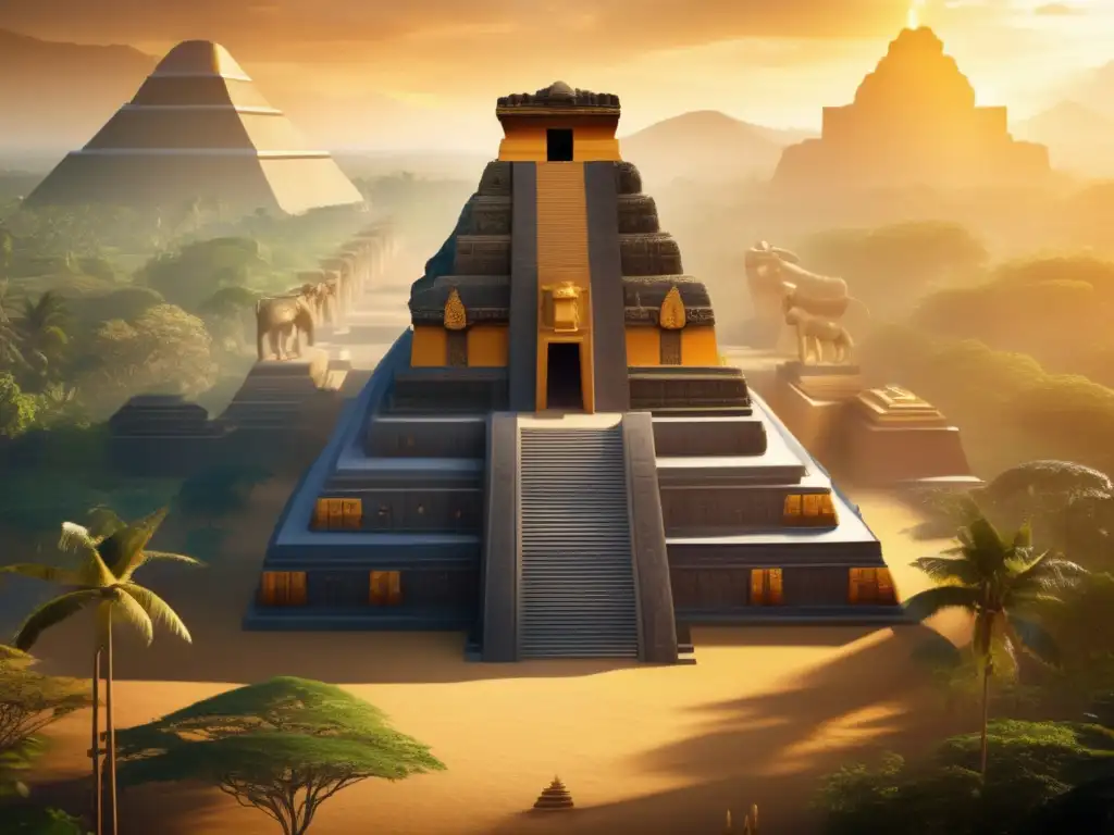 Majestuoso templo y dioses híbridos Templo majestuoso y selvático con dioses animales híbridos de la mitología mesoamericana