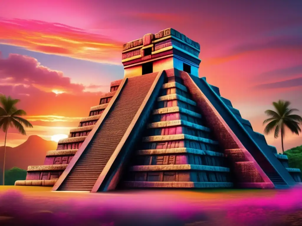 Puesta de sol mágica sobre templo maya con entidades solares en mitología prehispánica