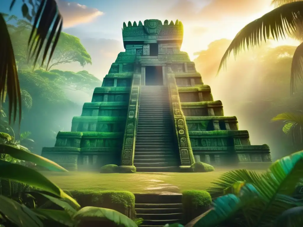 Templo maya místico emerge en la jungla, con criaturas mitológicas, luz dorada, neblina etérea y vegetación exuberante