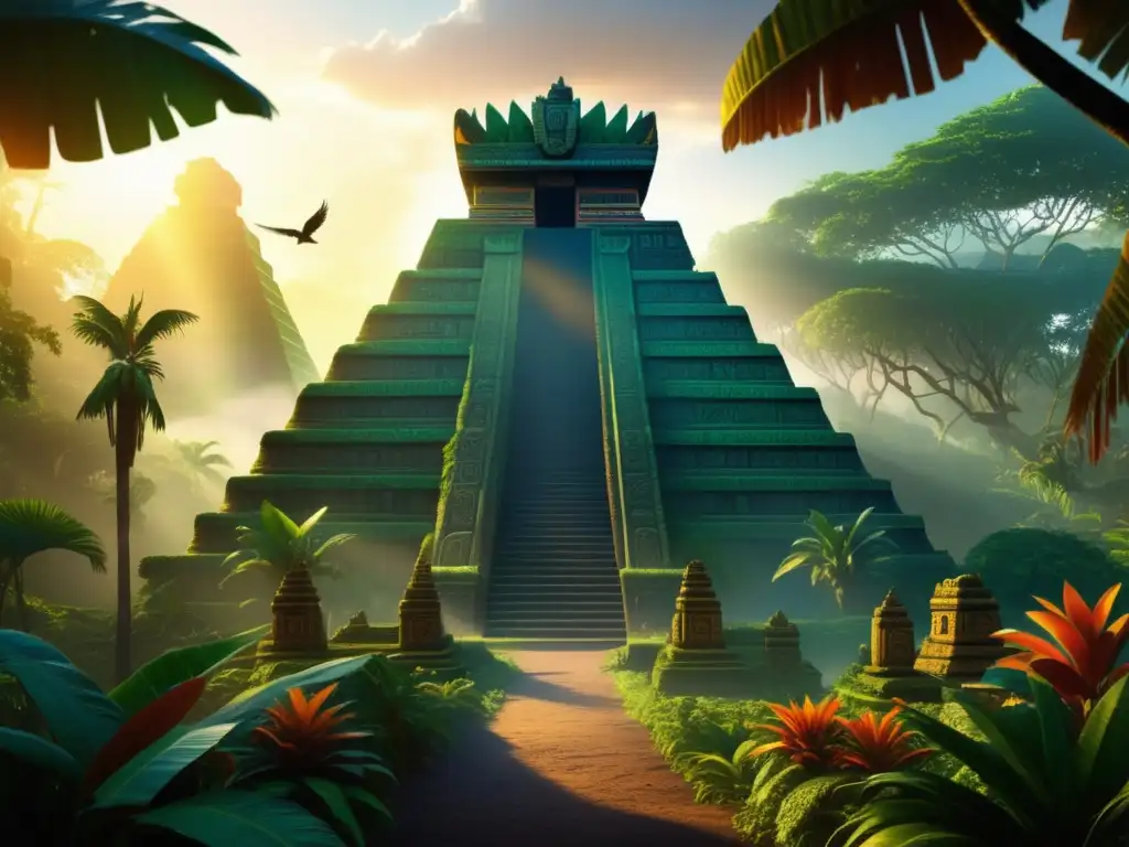 Templo azteca emerge en selva mística, batalla final dioses con serpiente Quetzalcoatl