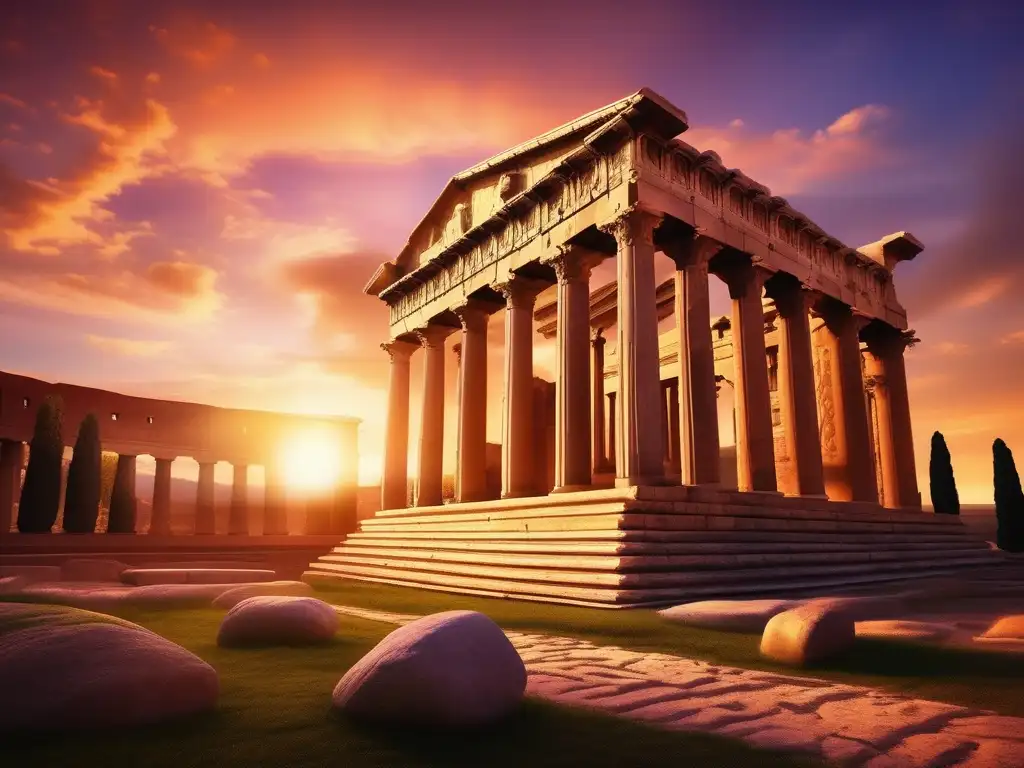 Templo romano al atardecer Culto al Sol Invicto en Roma: majestuoso templo romano en un deslumbrante atardecer, con arquitectura imponente y cielo vibrante
