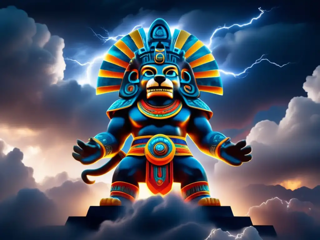 Deidad Tezcatlipoca emerge en cielo nocturno tormentoso, reflejando su conexión con la naturaleza