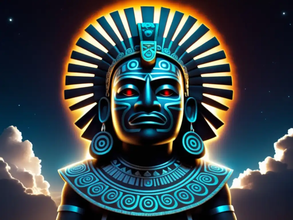 Imagen de Tezcatlipoca, dios azteca de tormentas nocturnas, en una escena majestuosa y misteriosa