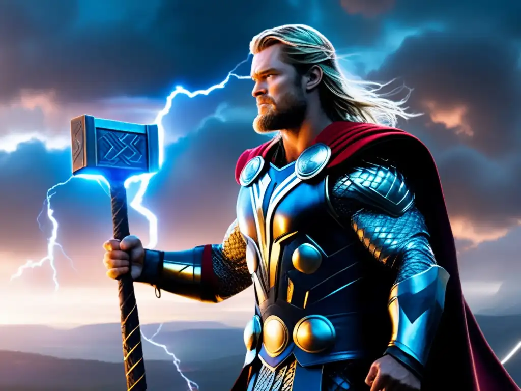 Influencia mitología nórdica en películas de superhéroes: Thor con Mjolnir, cielo crepuscular y relámpagos