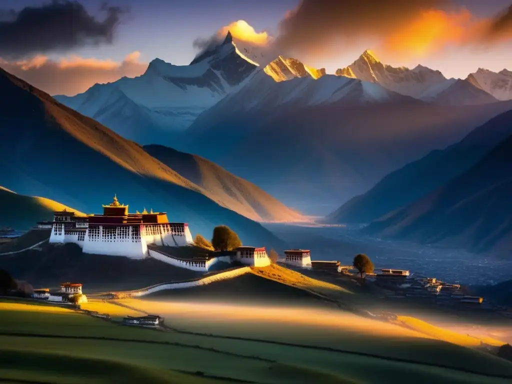 Paisaje sereno del Himalaya tibetano al atardecer con monasterio y creencias budistas (110 caracteres)