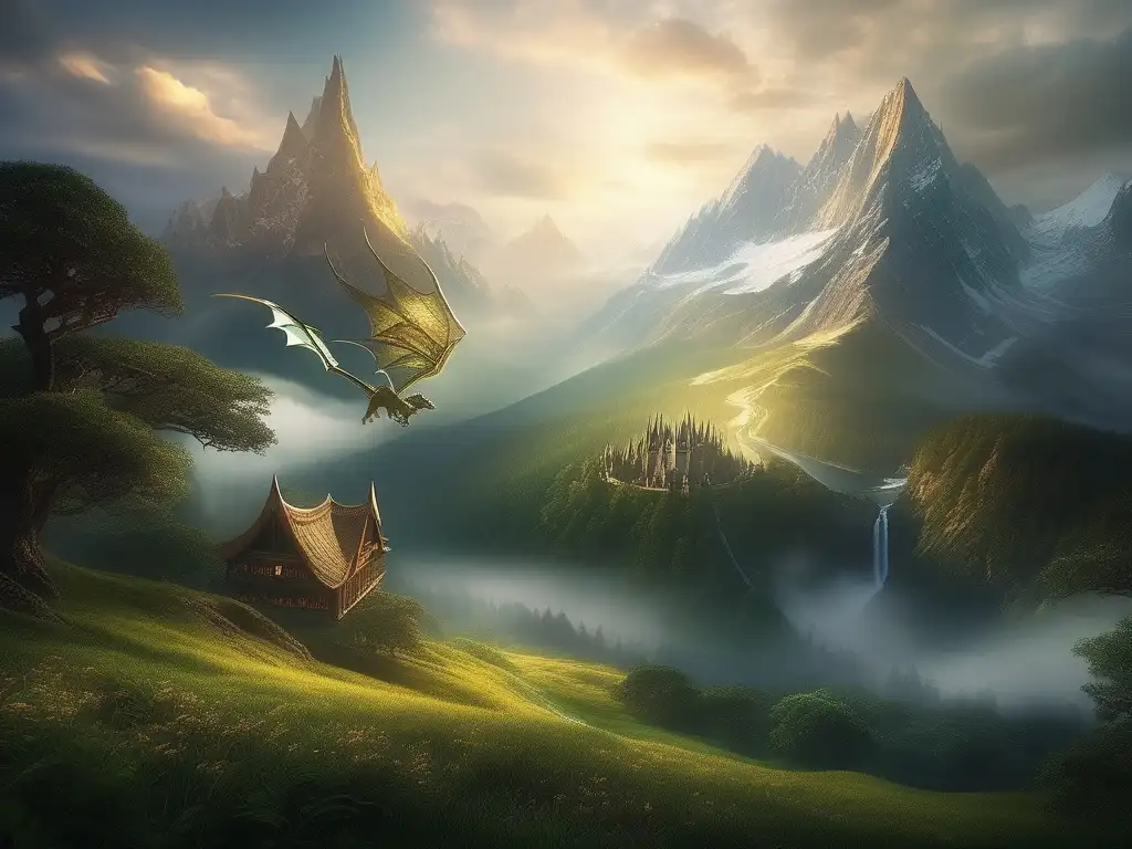 Paisaje mágico con dragón volando Criat