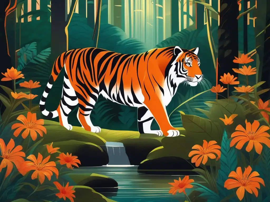 Escena mística con tigre en bosque, cascada y mariposas: significado místico tigre mitología asiática