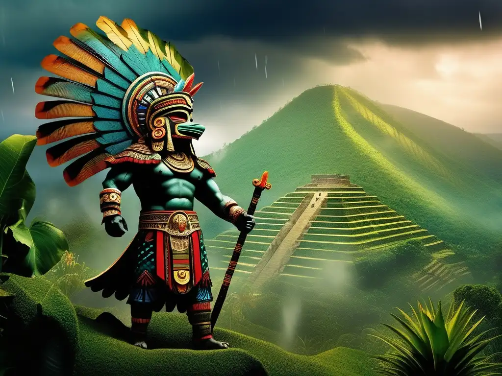 Tlaloc, dios lluvia tormentas en paisaje verde y sereno