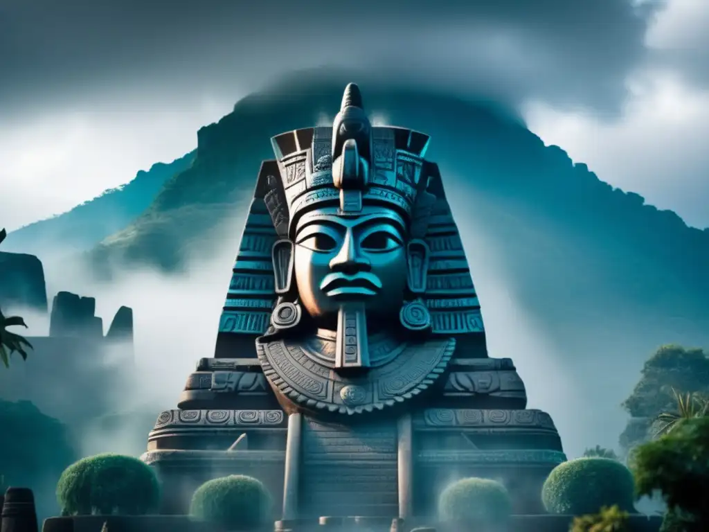 Tlaloc, dios lluvia y tormentas en escena mística con montañas, estatua majestuosa, símbolos y naturaleza exuberante