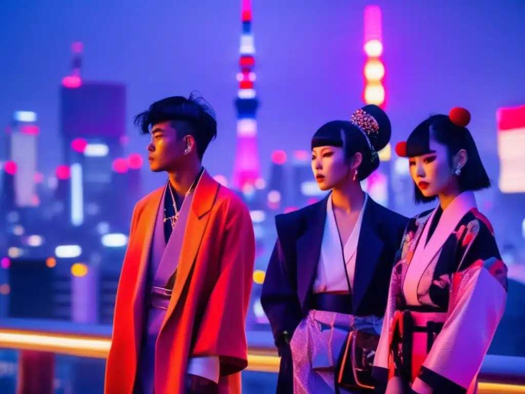 Ciudad nocturna de Tokio con luces de neón, moda urbana y la influencia de los Oni en Japón