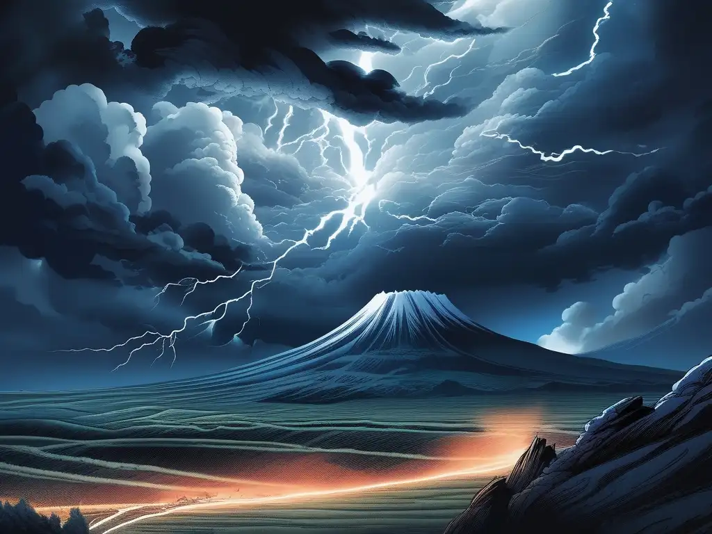 Susanoo, dios tormenta japonesa - paisaje majestuoso con nubes oscuras y rayos relampagueantes, poderoso y enérgico