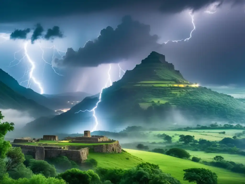 Paisaje místico de tormenta sobre Canaán, con figura invocando a Baal