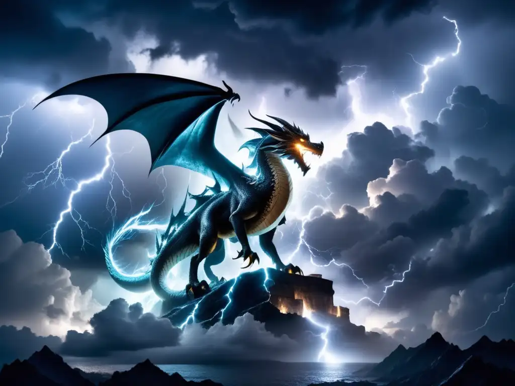 Criaturas de tormenta Apocalipsis Biblia, imagen etérea de nubes amenazadoras, relámpagos y un dragón alado iluminado por rayos