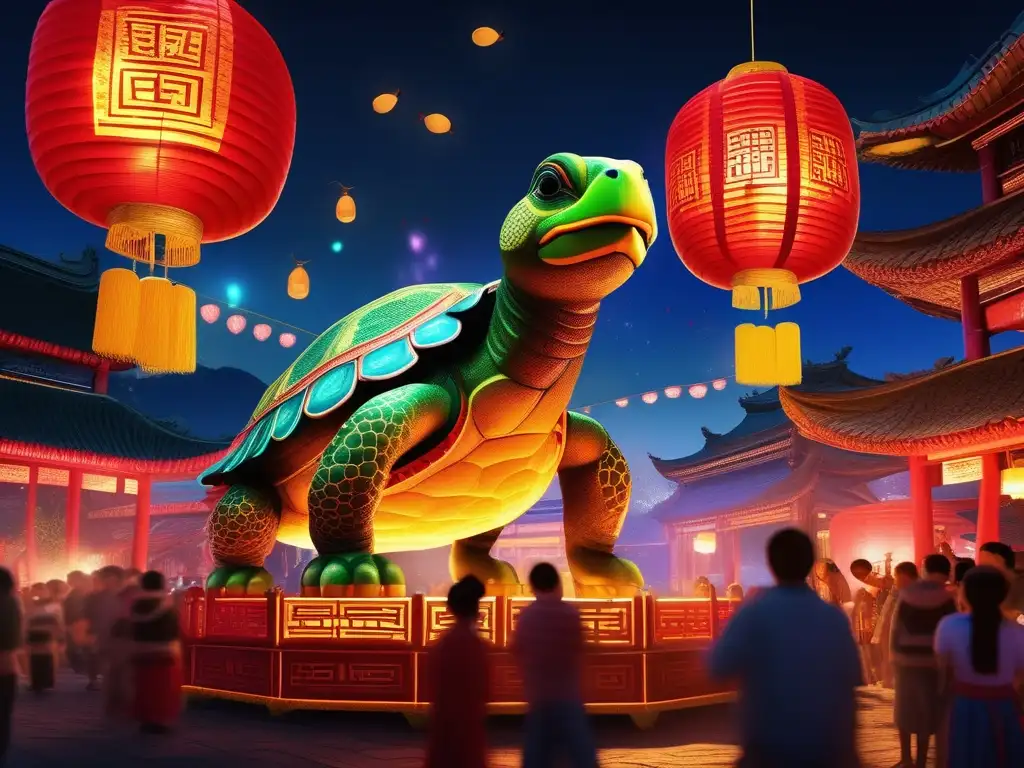 Escena festiva de mitología china: Tortuga Negra del Norte y lanternas