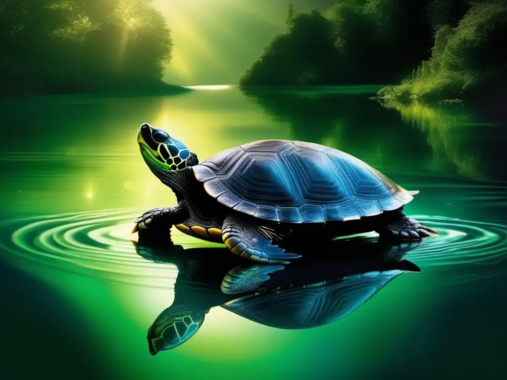 Majestuosa tortuga negra emergiendo de lago esmeralda rodeado de naturaleza mística y folaje exuberante - Tortuga Negra del Norte mitología china