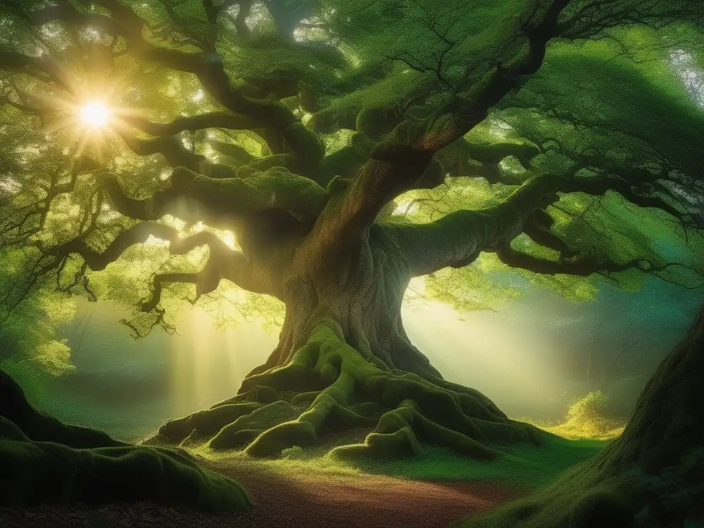 Cambiaformas míticos en bosque antiguo, árbol de roble majestuoso con hojas verdes vibrantes