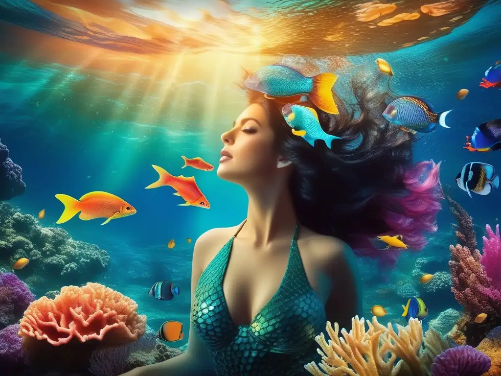 Historia de la transformación de la Sirena: Belleza y seducción en un vibrante arrecife coralino con una enigmática sirena