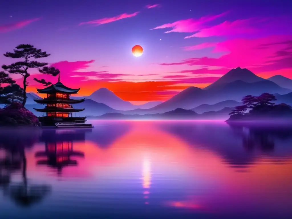 Historias de amor mitología japonesa, imagen etérea y mística con atardecer vibrante, lago sereno y figuras celestiales