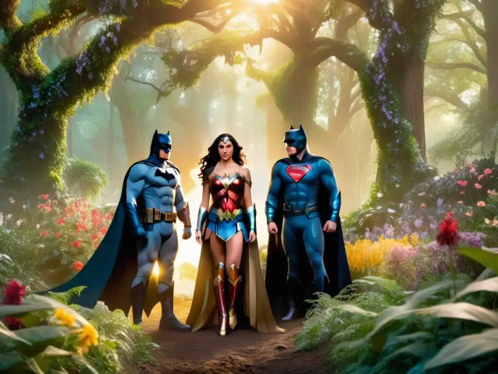 Criaturas míticas de Marvel y DC en un bosque místico