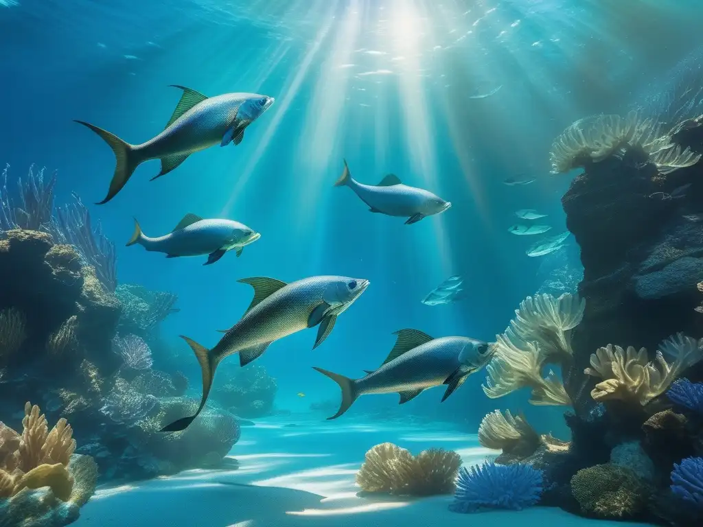 Tritones majestuosos nadando en aguas cristalinas Tritones: criaturas marinas mitológicas nadando en aguas cristalinas rodeadas de coral y peces tropicales