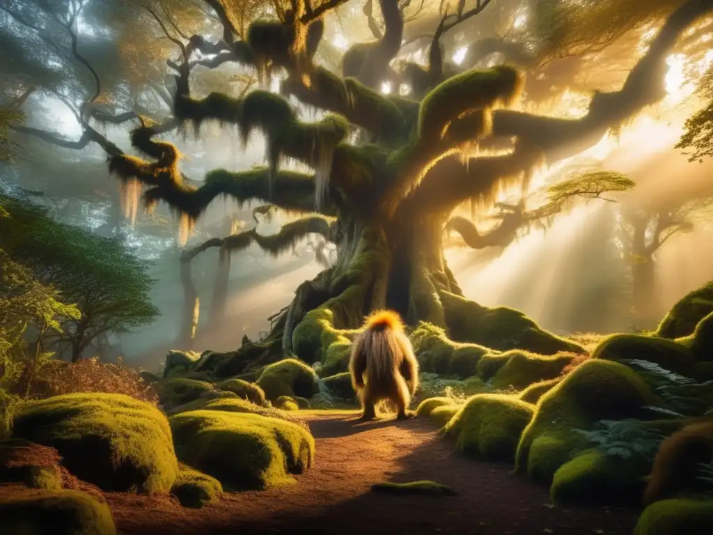 Transformaciones de trolls en literatura y cine en un bosque místico al atardecer