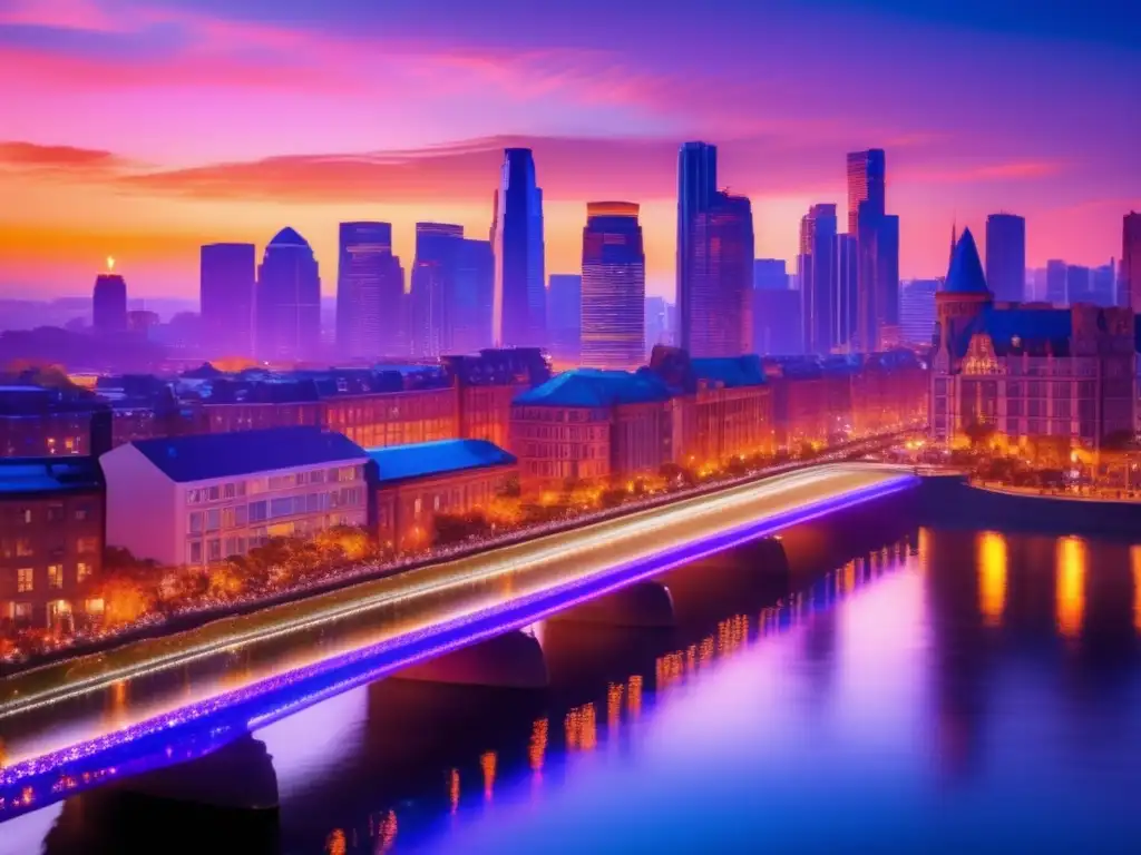 Trolls en ciudades modernas, imagen cautivadora de trolls en el atardecer urbano con rascacielos, calles y un puente reflejando la ciudad iluminada