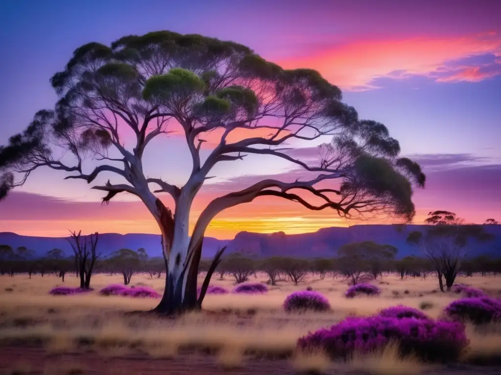 Paisaje etéreo del Outback australiano al atardecer con árbol ancestral y mitología de los dioses australianos