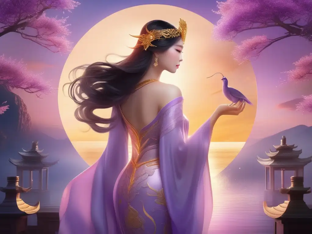 Diosa Nüwa, cambiaformas de la mitología china, en un místico atardecer de lavanda y oro